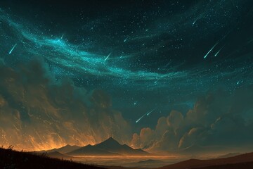 cosmic landscape with floating meteors and glowing space dust