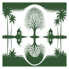 Symmetrical green silhouette of tree, houses, and palm trees reflected in water