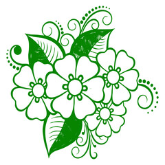 Green henna style floral design with swirls and leaves