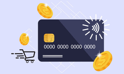 Contactless payment credit card with gold coins and shopping cart icon