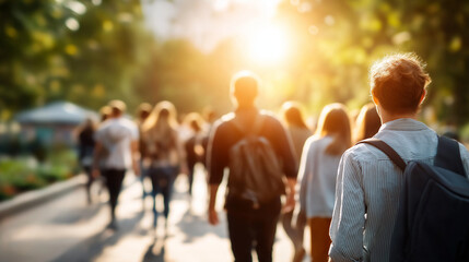 Crowd of faceless students walking through college campus sunny day motion blur academic life activity educational facility movement university environment bustle defocused