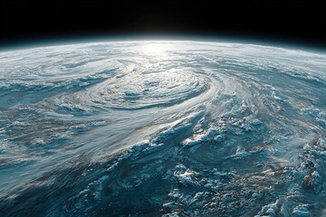 detailed view of a planet with swirling storm clouds and blue oceans