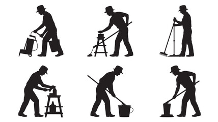 Naklejka premium Worker Silhouettes Cleaning with Various Tools and Equipment