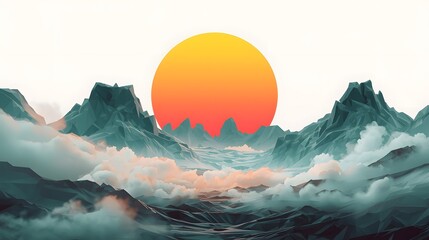 Retro sunset over mountain range