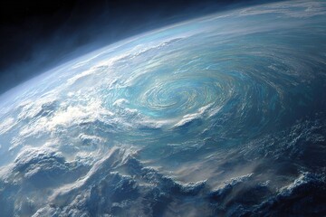 detailed view of a planet with swirling storm clouds and blue oceans
