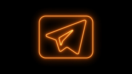 Orange neon paper airplane icon in rounded square on black background