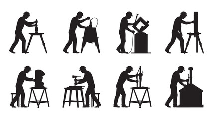 Silhouettes of Workers Engaged in Various Trades on Workbenches and Saws