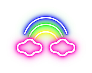 Vibrant neon rainbow and clouds illustration, colorful rainbow