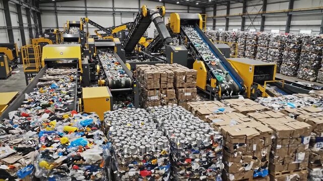Wide shot of sorting machines processing waste at recycling plant