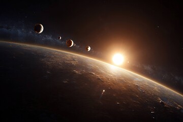 distant star system with multiple planets orbiting a bright sun