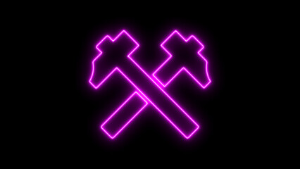 Purple Neon Crossed Hammers Icon on Black Background