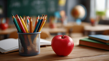 Back to school concept with student supplies desk colorful pencils holder red apple open notebook green chalkboard teachers table workplace defocused classroom setting with