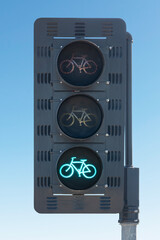 Bike shaped bicycle path traffic signal intersection crosswalk light.