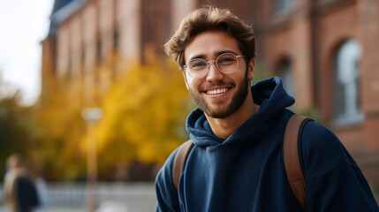 Fototapeta premium Faceless smiling young man with glasses hoodie wearing backpack standing outdoors campus during autumn season student life academic lifestyle defocused fall background with