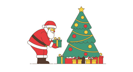 Santa claus decorating christmas tree with presents festive holiday scene enjoying winter season celebration joyful merry atmosphere gifts isolated on white background