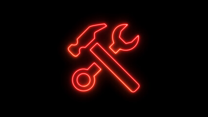 Red Neon Tools Icon on Black Background photo