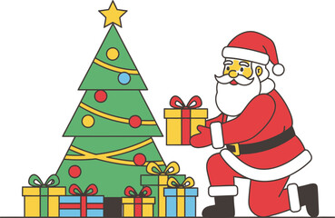 Santa claus with gifts next to a decorated christmas tree festive holiday scene celebrating christmas eve and winter season isolated on white background