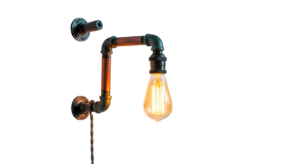 Industrial pipe wall lamp isolated on transparent background for home decor