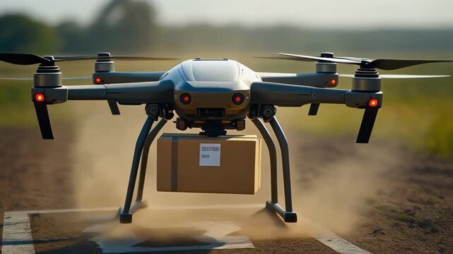 Advanced unmanned aerial vehicle delivering a package, highlighting the future of automated logistics and last-mile delivery services in a modern, efficient world
