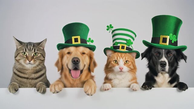 Adorable St Patrick's Day pets wearing festive green hats video.