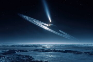 Obraz premium glowing comet flying past a frozen planet with icy rings
