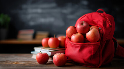 Red backpack apples and books wooden table chalkboard background display educational supplies arrangement academic materials setup learning tools presentation defocused