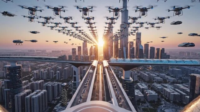 Futuristic smart city at sunrise, with autonomous drones, sleek skyscrapers, and advanced elevated transport, symbolizing urban innovation and technological advance