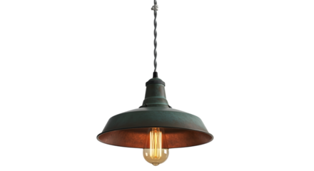 Industrial pendant light isolated on transparent background with vintage style bulb