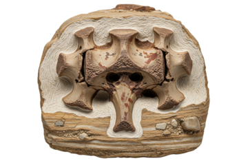 Prehistoric dinosaur vertebrae fossil embedded in layered rock on a transparent background