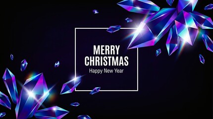 Festive merry christmas and happy new year greeting card design featuring glowing neon blue and purple crystal shards