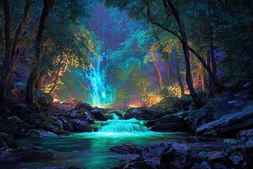 glowing enchanted waterfall flowing through magical forest valley