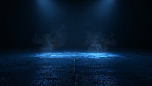 Dark empty stage background with dramatic blue spotlights illuminating wet textured floor and rising smoke for cinematic presentation or product display