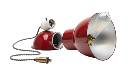 Red vintage lamp isolated on transparent background with a bulb and a wire cable