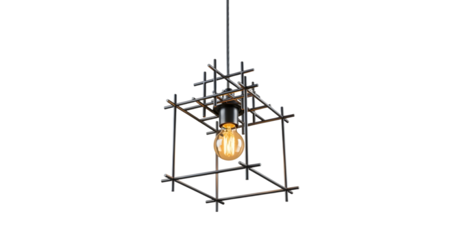 Geometric cage pendant light with vintage bulb isolated on transparent background - Powered by Adobe