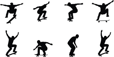 Set of multiple dynamic silhouette poses of a young male skateboarder performing tricks, jumps, and rides, depicting extreme sports, skating culture, urban 