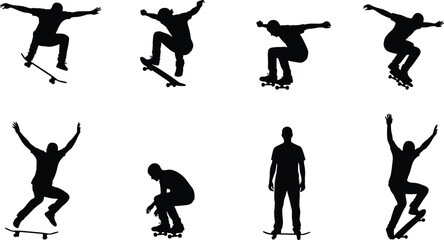 Silhouette graphic set depicting the male aging process from crawling baby to standing elderly man with cane, and gravestone, illustrating life stages, 