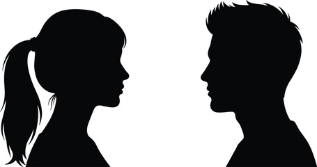 Male and female side profile silhouettes facing each other, depicting love, communication, relationship, and connection concepts, vector illustration isolated 