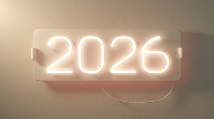 Illuminated Neon Sign Showing the Year 2026 in Bright White Light on Wall
