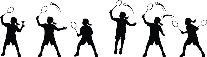 Multiple silhouette poses of young girls playing badminton, showing various dynamic actions like serving, smashing, and rallying with racquets and 