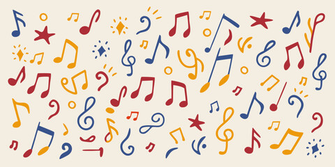 Colorful musical notes and symbols scattered across a light beige background © Provhash