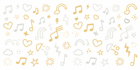 A whimsical pattern of musical notes hearts stars and lightning bolts