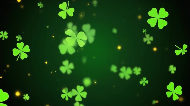 Animated green shamrocks and golden bokeh particles float and sparkle on a dark emerald background creating a magical video.