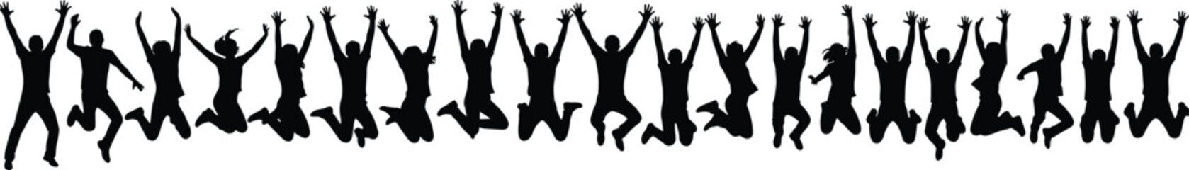 Large group of diverse people silhouette jumping and celebrating with hands raised in the air, joyful crowd, achievement, success, freedom, and happiness d.