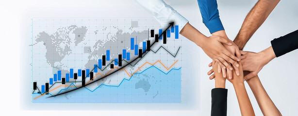 Diverse hands unite over a financial graph illustrating growth, symbolizing collaboration and success in a professional business environment. Axiom