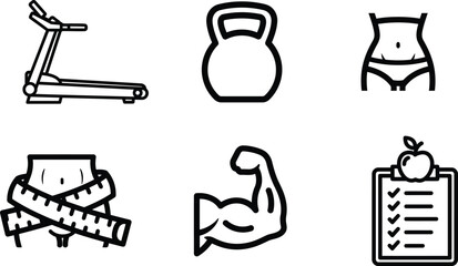 Fototapeta premium Collection of line art fitness icons including treadmill kettlebell measuring tape slim waist and healthy diet plan symbols