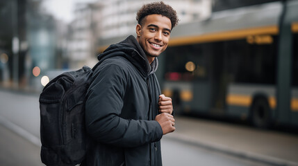 Faceless young person walking down city street smiling carrying backpack urban student life educational journey display academic environment presence defocused street