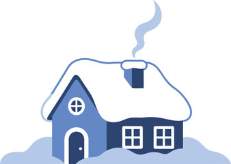 Cozy blue winter house with snow-covered roof and chimney smoke on seasonal illustration isolated on white background