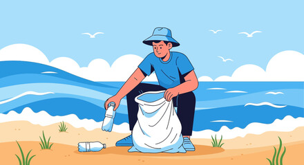 Dedicated volunteer cleaning up the ocean beach, collecting plastic waste and bottles for a