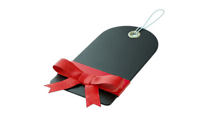 Black Gift Tag with Red Ribbon Bow on White Background