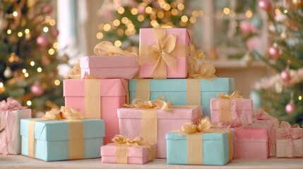 Pink and Blue Gift Boxes with Gold Ribbons in Festive Holiday Setting
